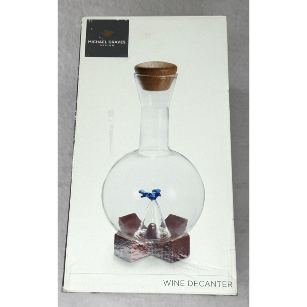 Michael Graves Glass Decanter Blue Bird Inside Wood Stand 750 ml New Boxed
